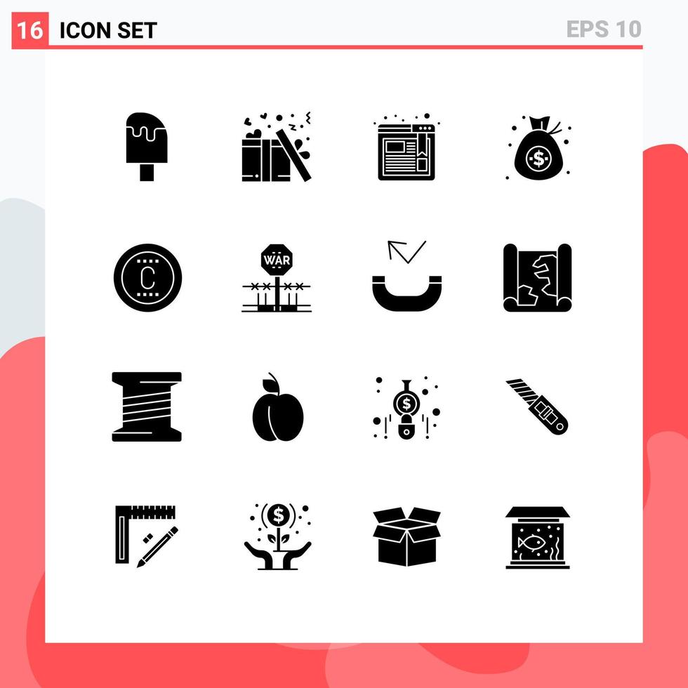 16 Thematic Vector Solid Glyphs and Editable Symbols of protection money valentine dollar bag Editable Vector Design Elements