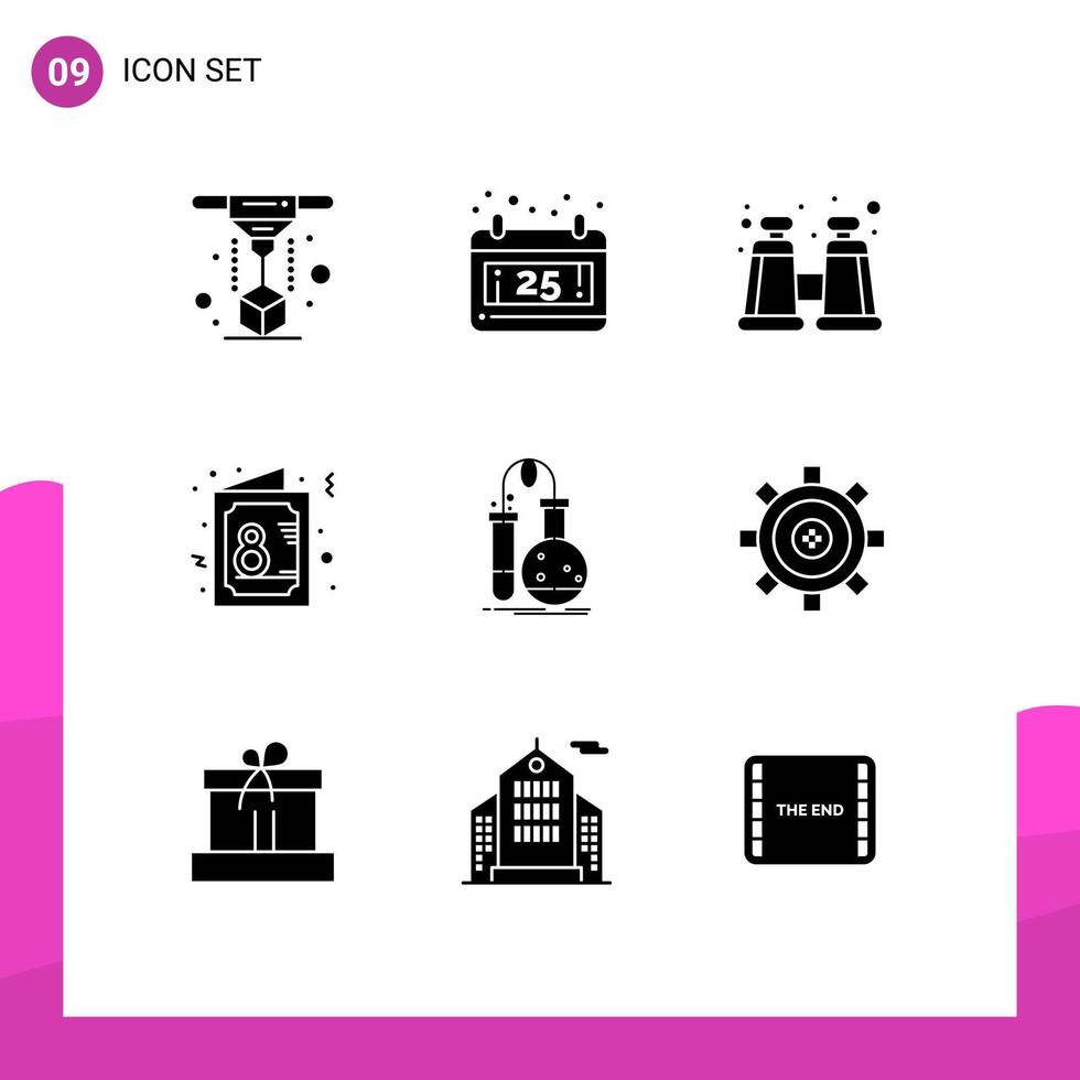 Mobile Interface Solid Glyph Set of 9 Pictograms of flask testing explore symbol female Editable Vector Design Elements