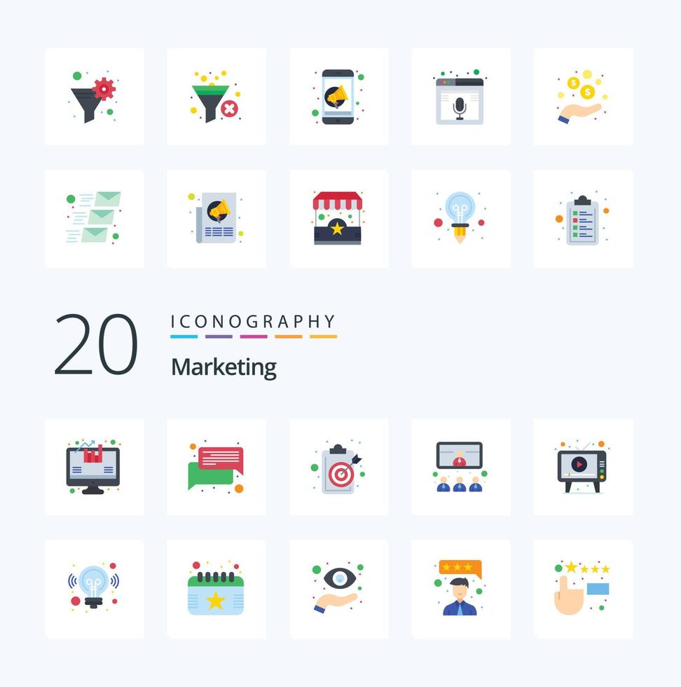 paquete de iconos de 20 colores planos de marketing como llamada de reunión de portapapeles de presentación de anuncios vector