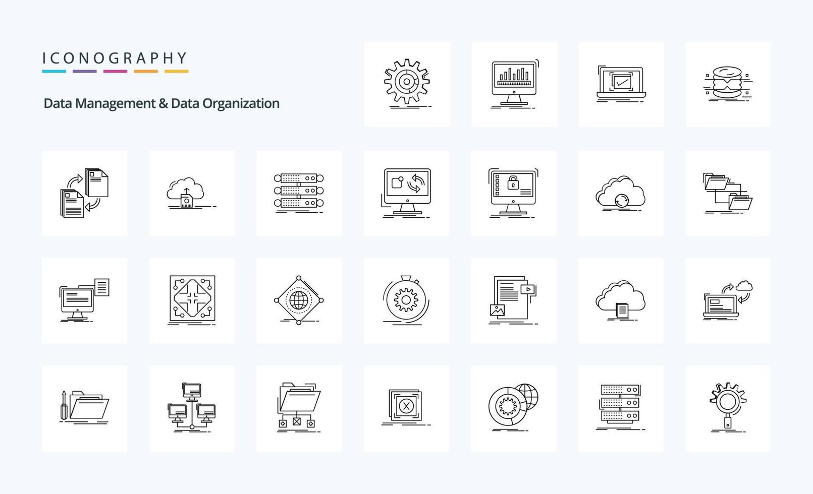 25 Data Management And Data Organization Line icon pack vector