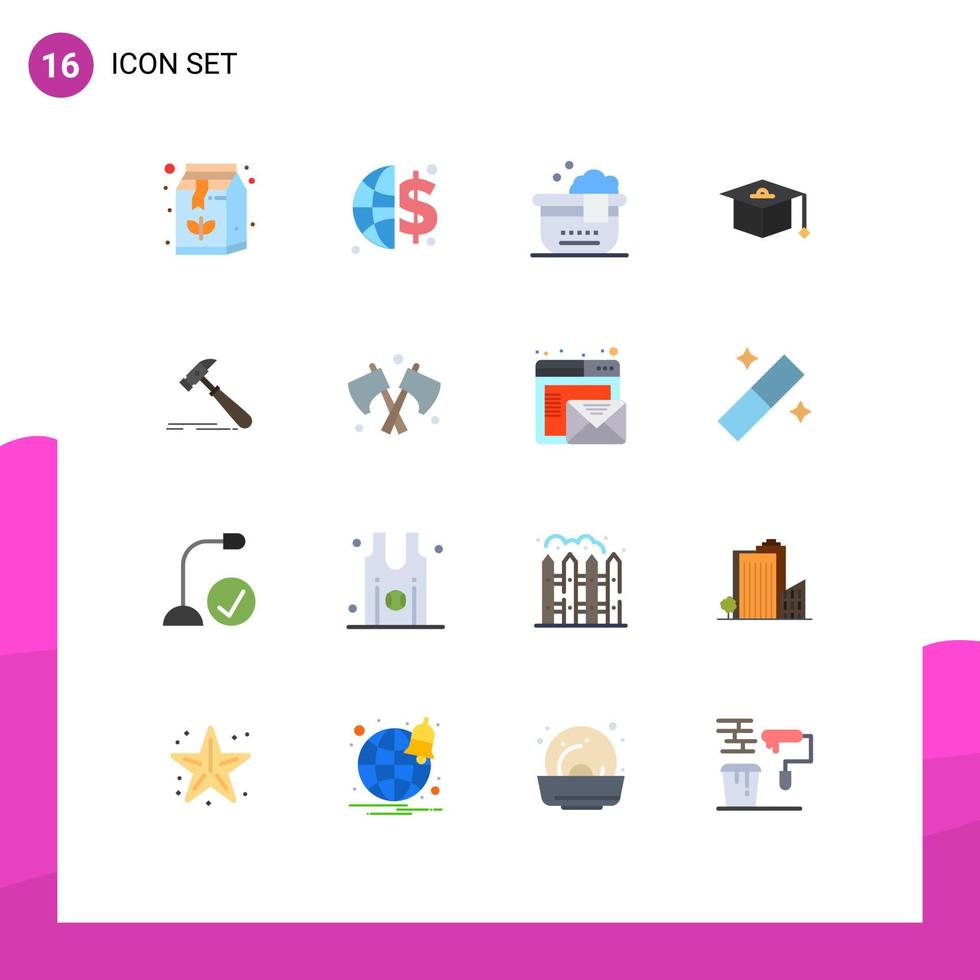 Pack of 16 Modern Flat Colors Signs and Symbols for Web Print Media such as carpenter tool bath construction graduation Editable Pack of Creative Vector Design Elements