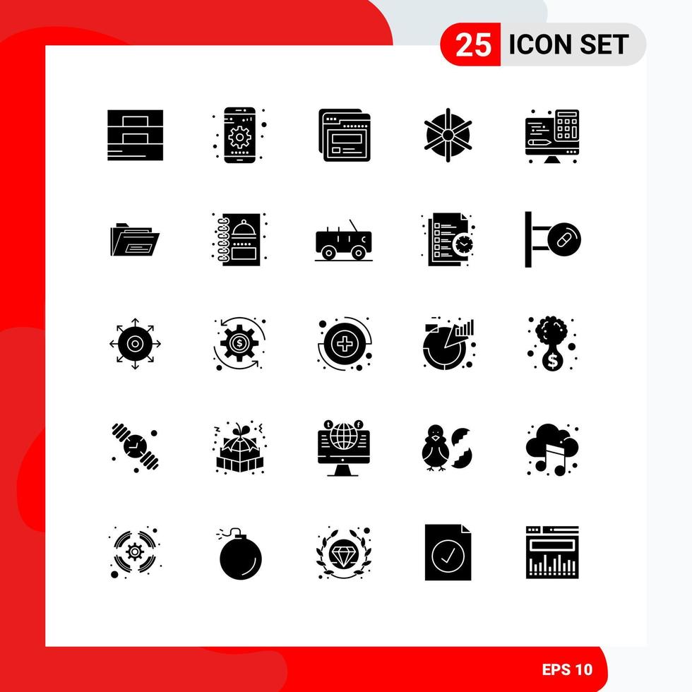 25 Universal Solid Glyph Signs Symbols of computer wheel page ship wheel boat Editable Vector Design Elements