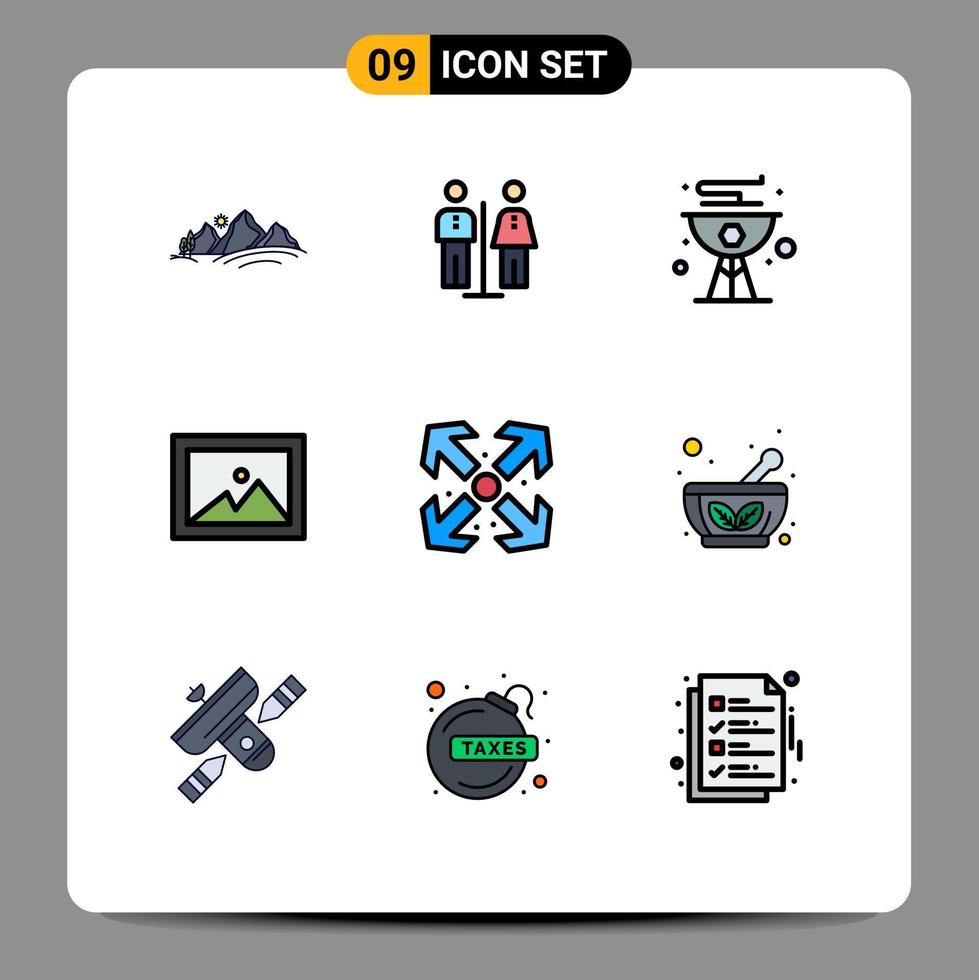 9 User Interface Filledline Flat Color Pack of modern Signs and Symbols of arrows image service album grill Editable Vector Design Elements