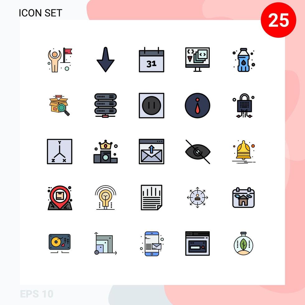conjunto de color plano de línea llena de interfaz móvil de 25 pictogramas de programación de fecha de botella de contenedor de plástico desarrollar elementos de diseño de vector editables
