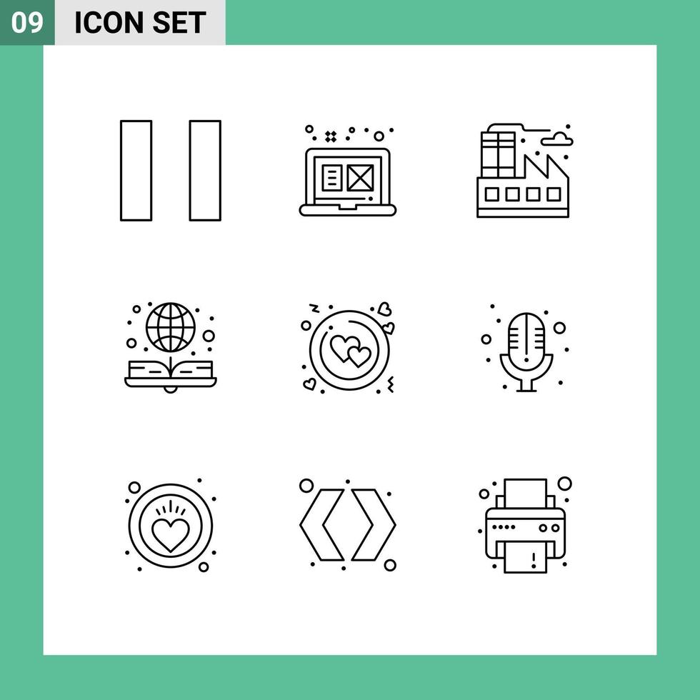 Set of 9 Vector Outlines on Grid for microphone valentine book ring circle Editable Vector Design Elements
