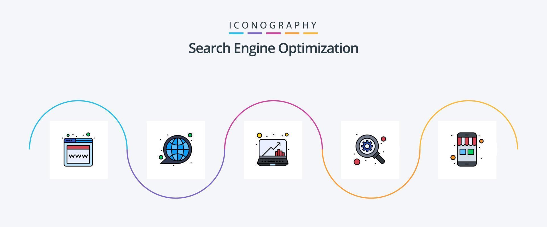 Seo Line Filled Flat 5 Icon Pack Including . online shopping. computer. ecommerce. optimization vector