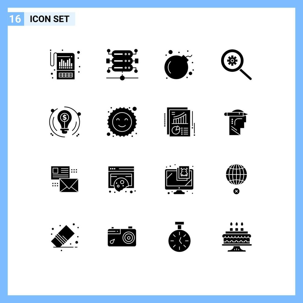 Modern Set of 16 Solid Glyphs Pictograph of dollar business bomb bulb options Editable Vector Design Elements