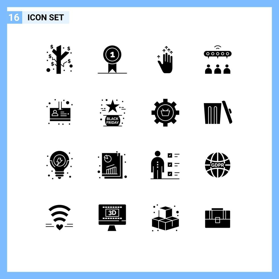 Universal Icon Symbols Group of 16 Modern Solid Glyphs of black id hand arrow employee sharing Editable Vector Design Elements