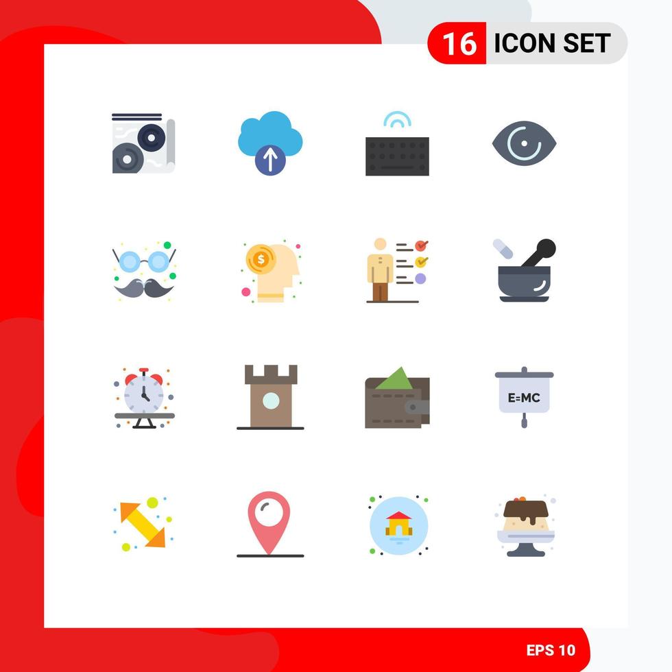 16 Thematic Vector Flat Colors and Editable Symbols of costume glasses keyboard vision face Editable Pack of Creative Vector Design Elements