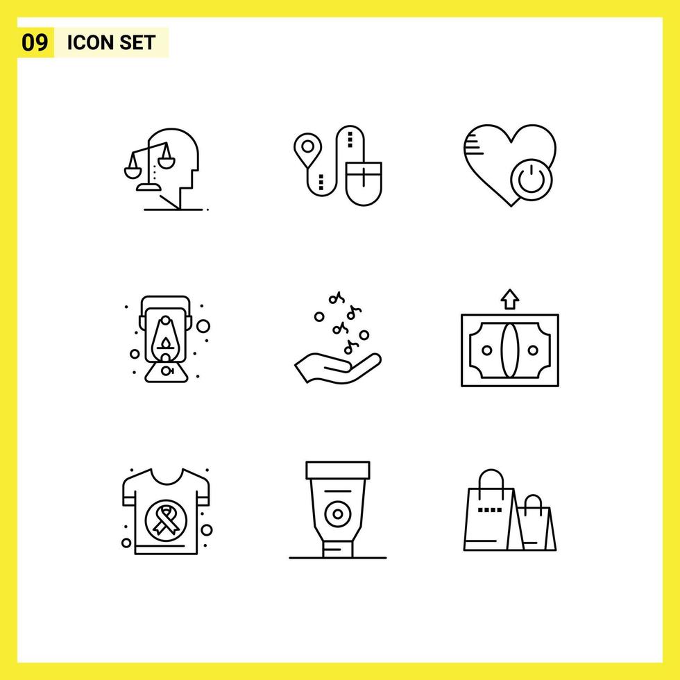 Group of 9 Modern Outlines Set for oil lamp lantern computer lamp heart Editable Vector Design Elements