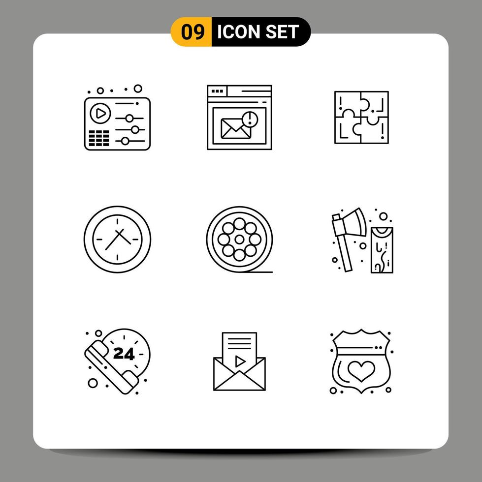 Mobile Interface Outline Set of 9 Pictograms of design time alert cinema sport Editable Vector Design Elements
