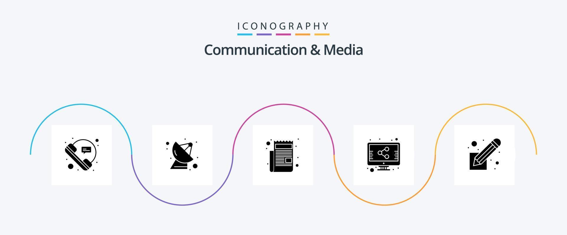 Communication And Media Glyph 5 Icon Pack Including screenplay. share. technology. screen. script vector