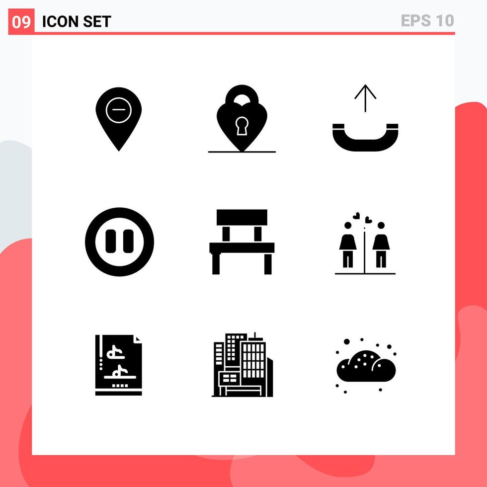 Set of 9 Vector Solid Glyphs on Grid for interior furniture call bench media Editable Vector Design Elements
