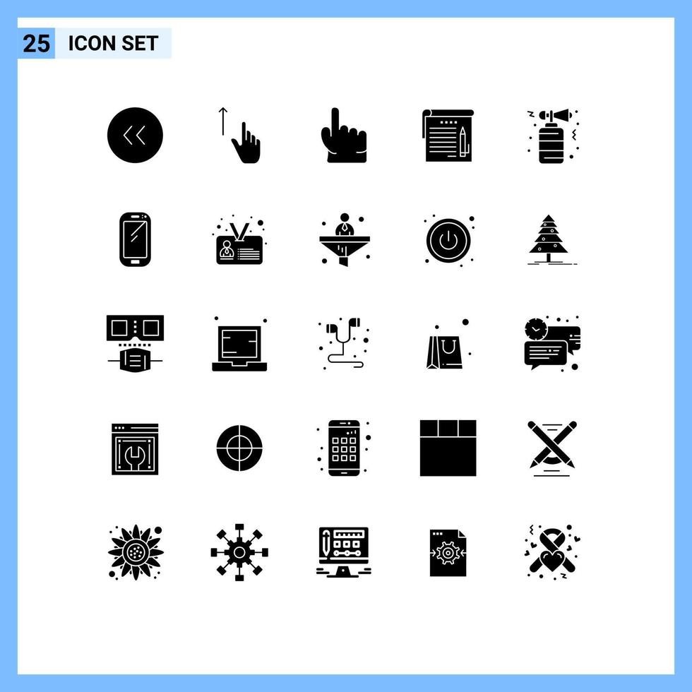 Mobile Interface Solid Glyph Set of 25 Pictograms of horn note hand notes touch Editable Vector Design Elements