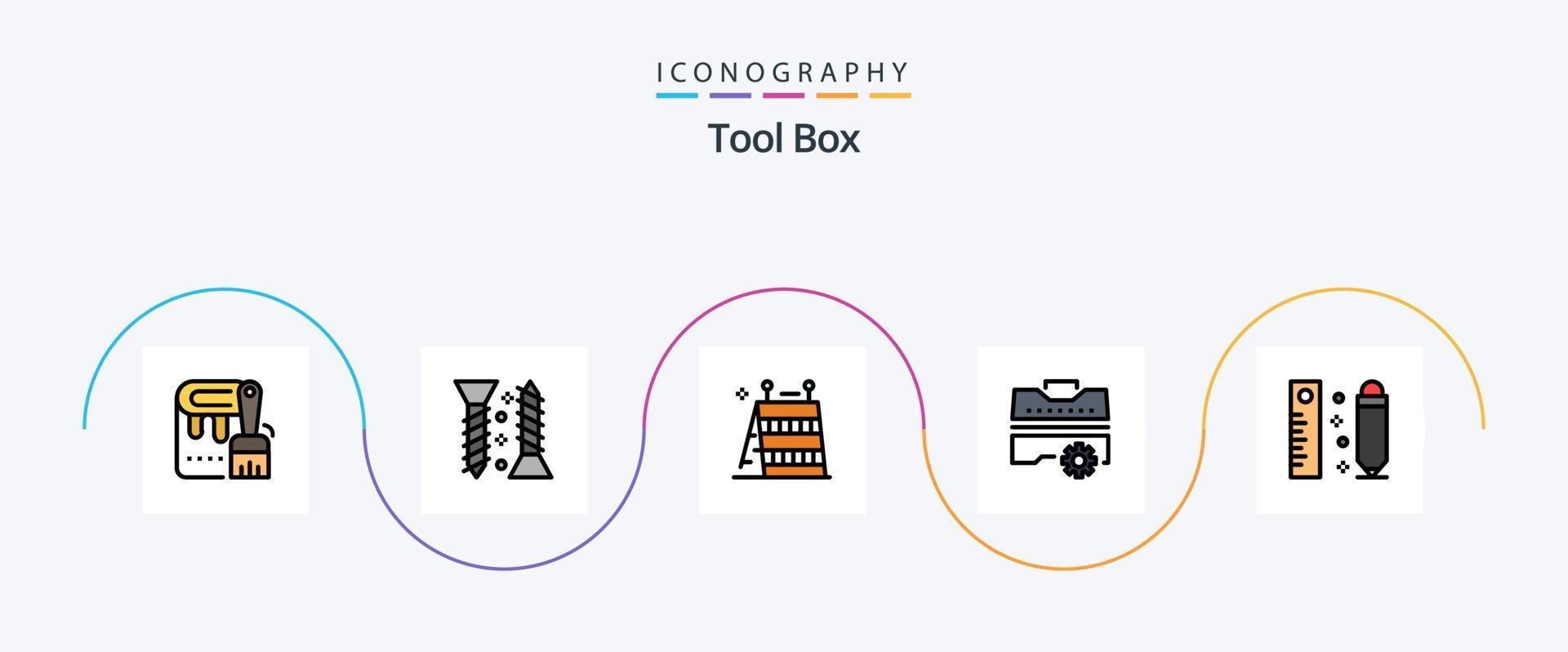 paquete de iconos de 5 planos llenos de línea de herramientas que incluye medición. herramientas. barrera. caja de herramientas. construcción vector