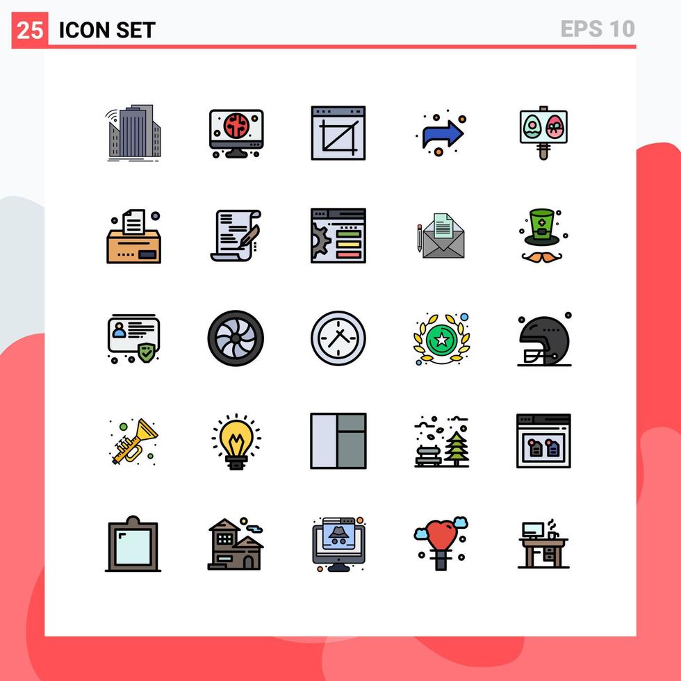 Pack of 25 Modern Filled line Flat Colors Signs and Symbols for Web Print Media such as eggs right app forward website Editable Vector Design Elements