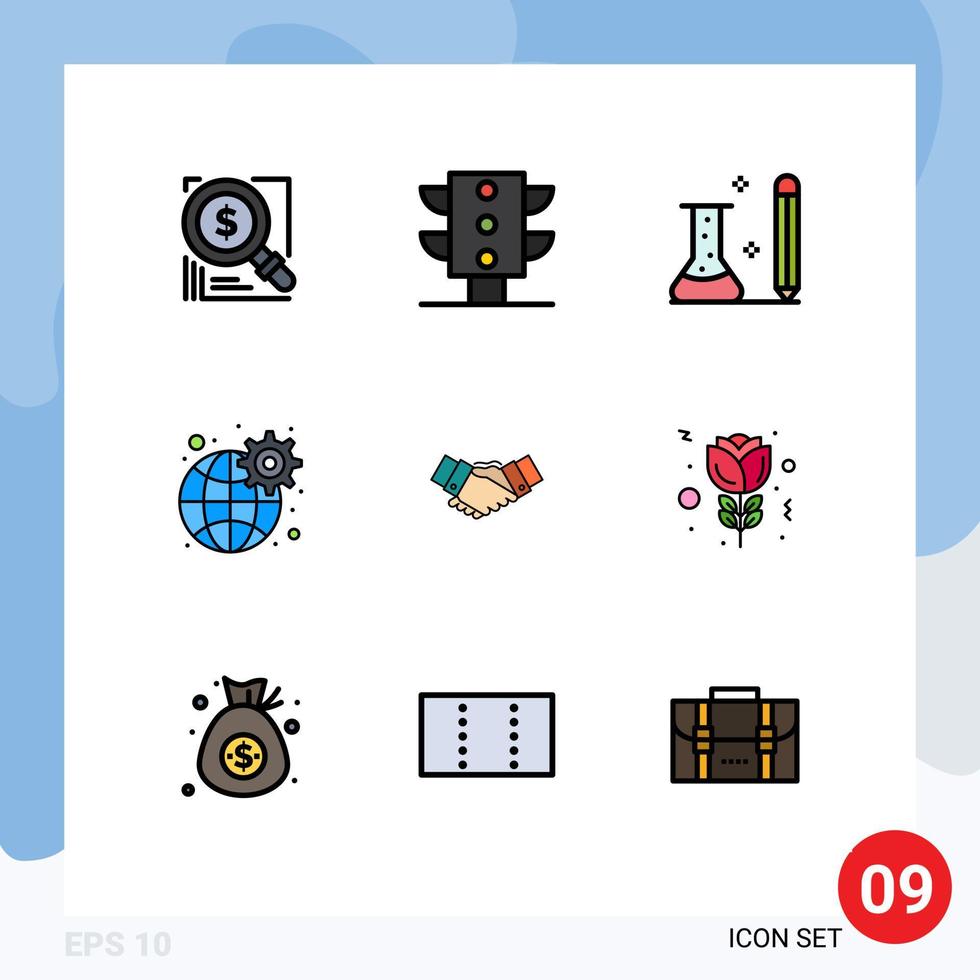 9 Thematic Vector Filledline Flat Colors and Editable Symbols of handshake network education global science Editable Vector Design Elements