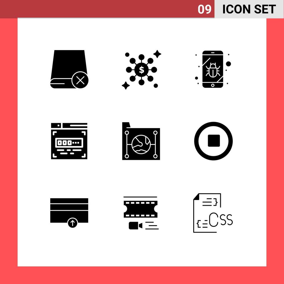 Group of 9 Solid Glyphs Signs and Symbols for document cloud bug front end development code Editable Vector Design Elements