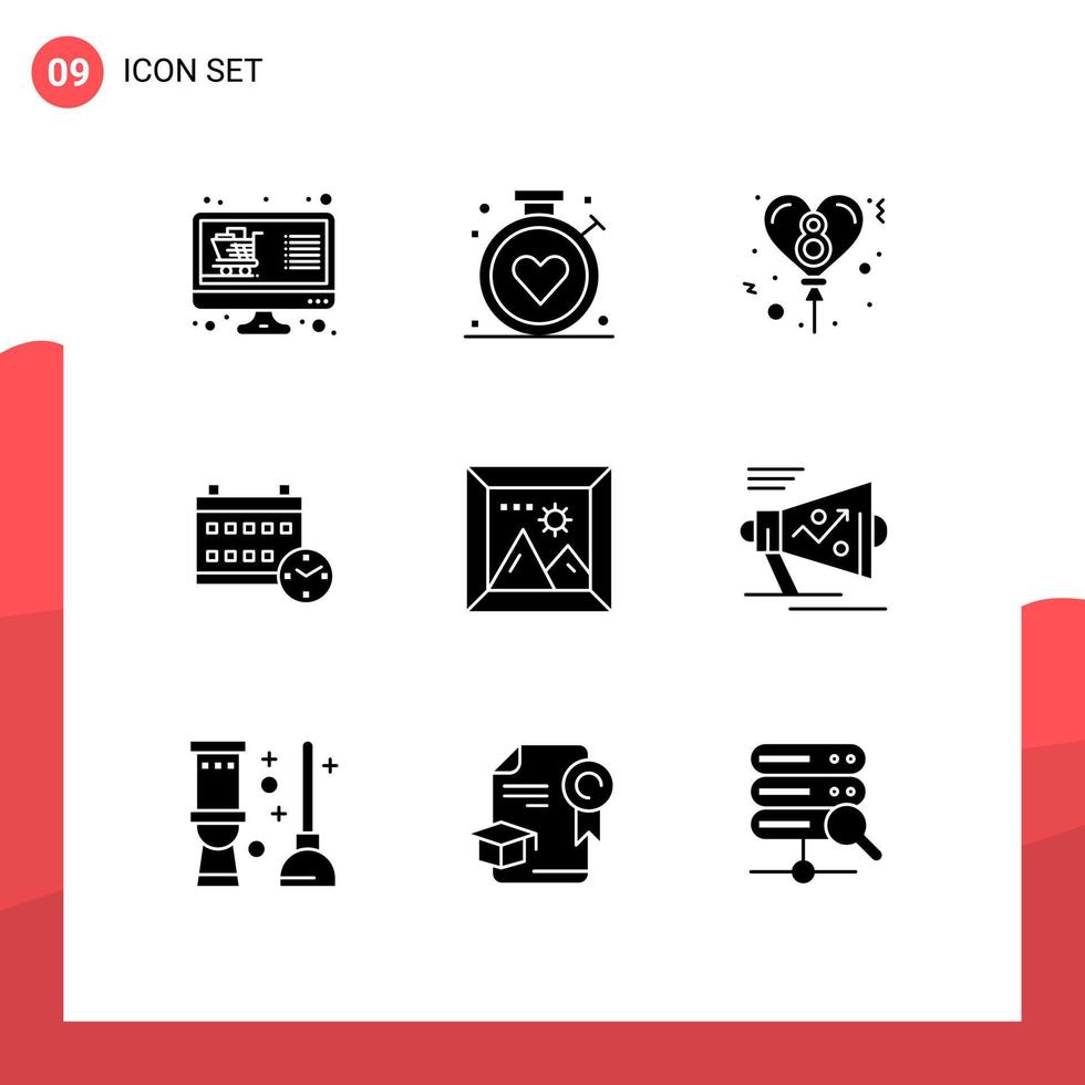 Group of 9 Solid Glyphs Signs and Symbols for photo education medical date calendar Editable Vector Design Elements
