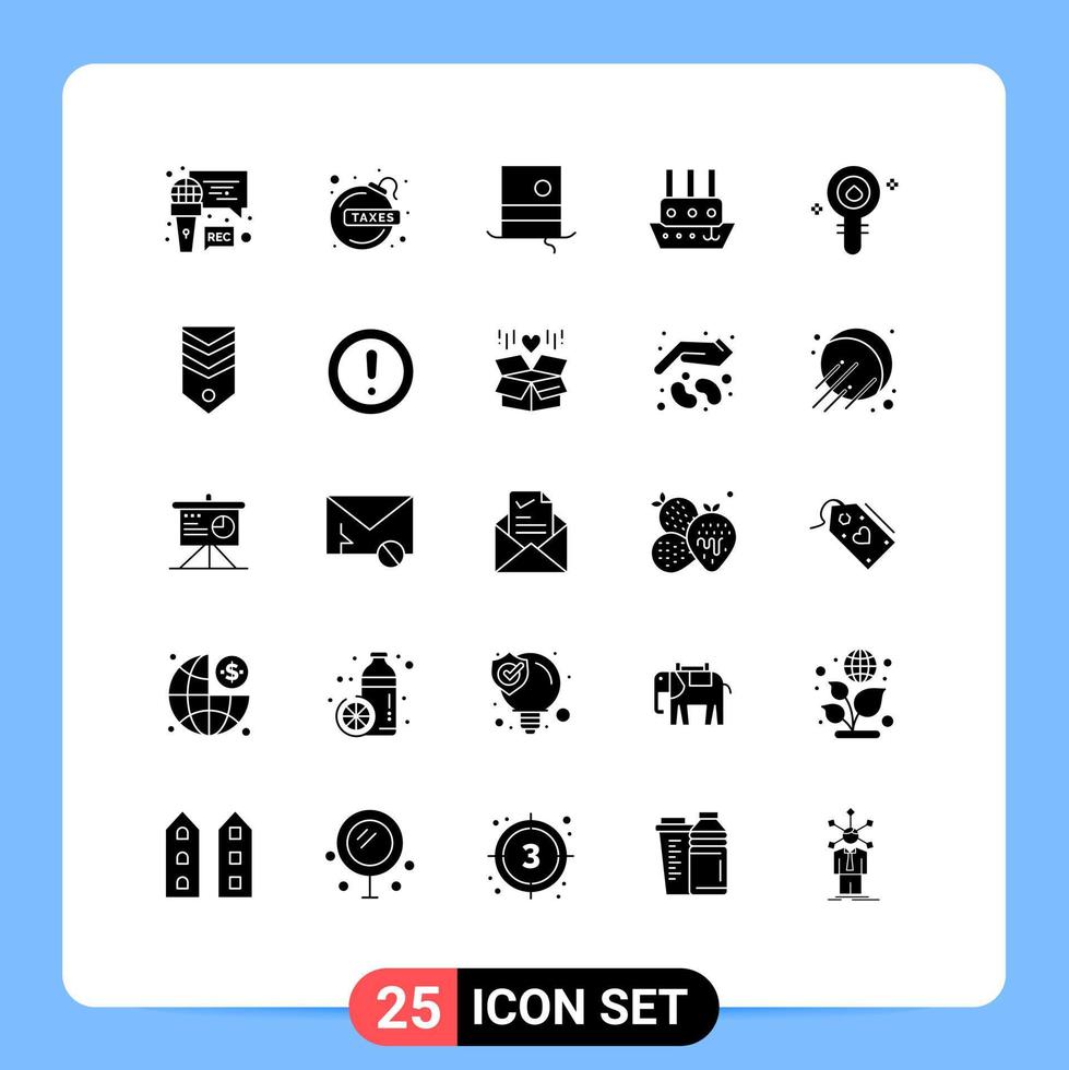 Pack of 25 Modern Solid Glyphs Signs and Symbols for Web Print Media such as biology vessel fashion steamship ship Editable Vector Design Elements