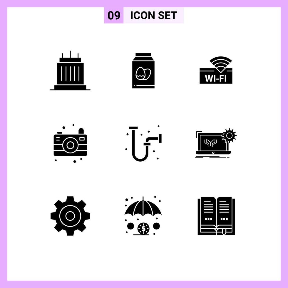 Universal Icon Symbols Group of 9 Modern Solid Glyphs of drain camping holiday image device Editable Vector Design Elements