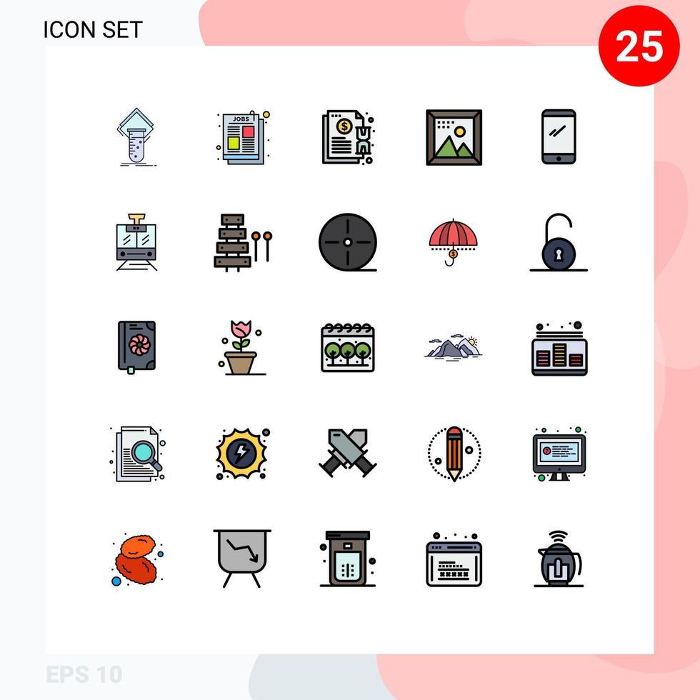 Set of 25 Commercial Filled line Flat Colors pack for picture design job ad coding notification Editable Vector Design Elements