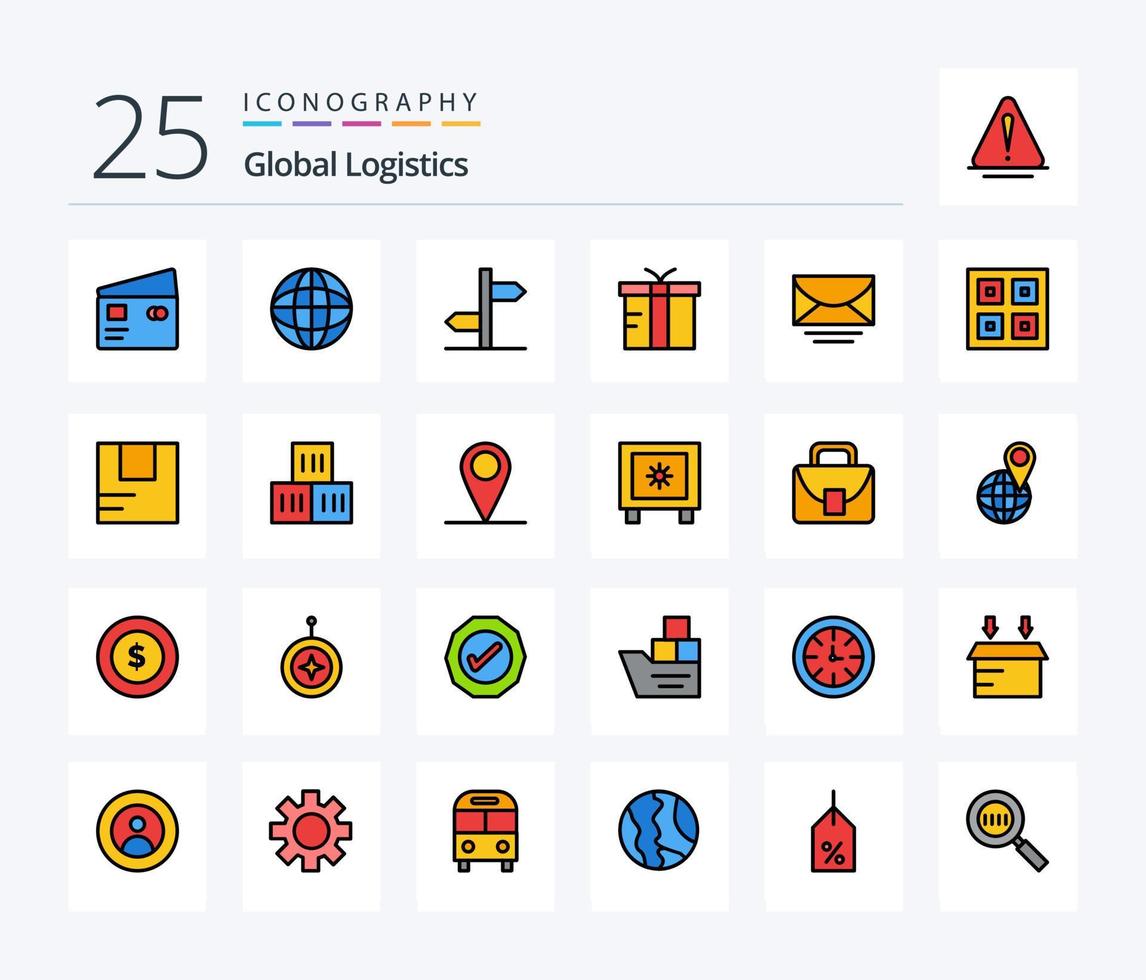 paquete de iconos rellenos de 25 líneas de logística global que incluye correo. regalo. mundo. logístico. signo vector