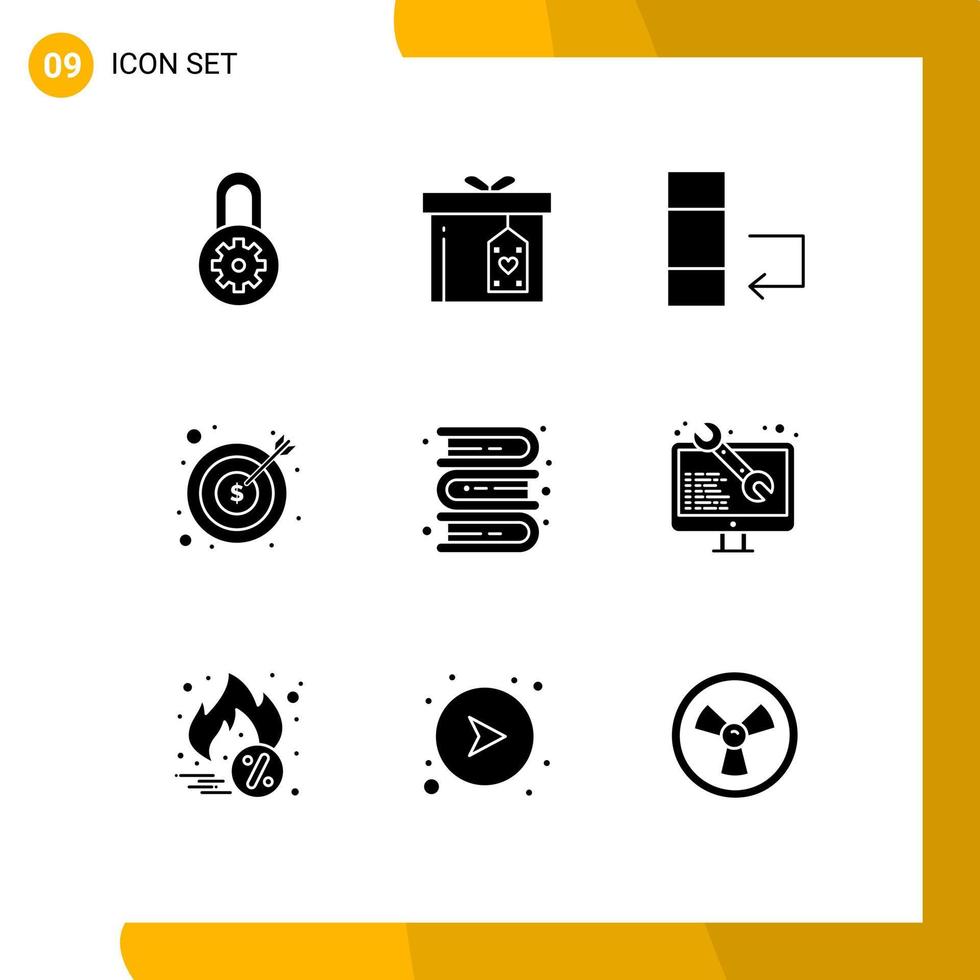 Pictogram Set of 9 Simple Solid Glyphs of knowledge books data money cash Editable Vector Design Elements