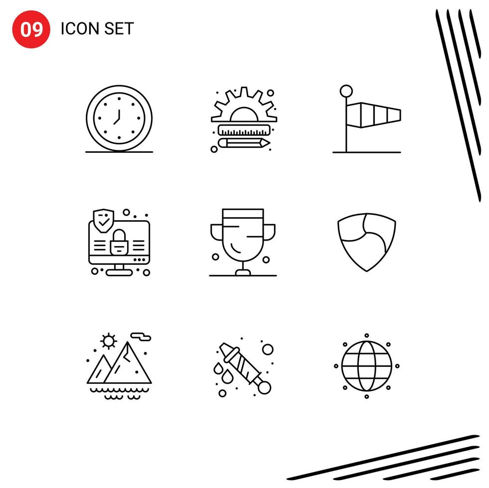Universal Icon Symbols Group of 9 Modern Outlines of security computer management wind flag Editable Vector Design Elements