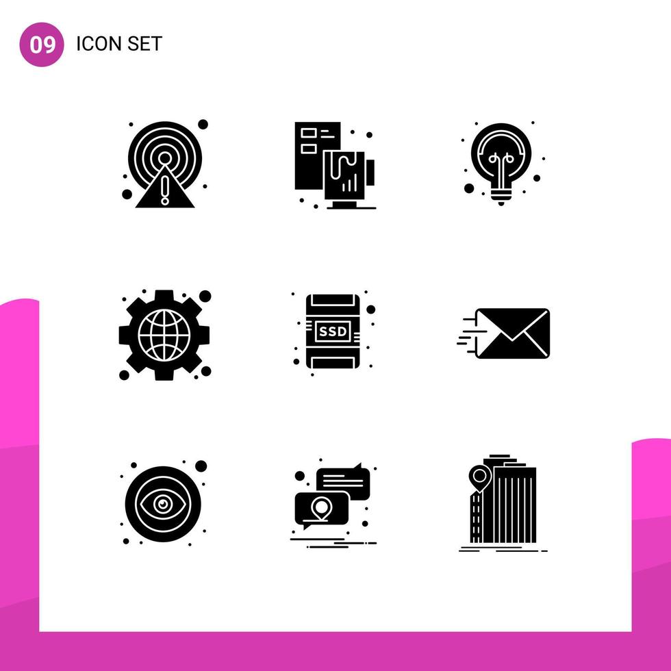 Pictogram Set of 9 Simple Solid Glyphs of memory card globe bulb web gear Editable Vector Design Elements