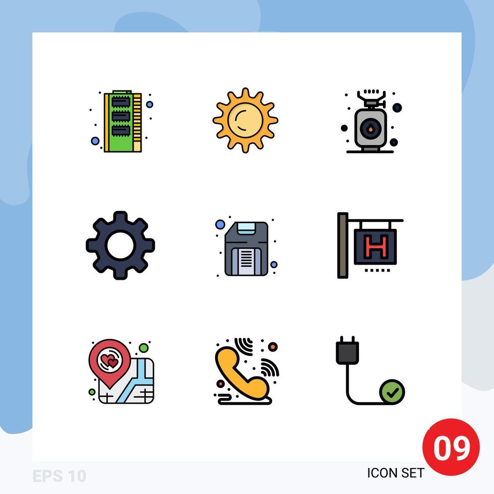 Pack of 9 Modern Filledline Flat Colors Signs and Symbols for Web Print Media such as floppy computer cook setting cog Editable Vector Design Elements