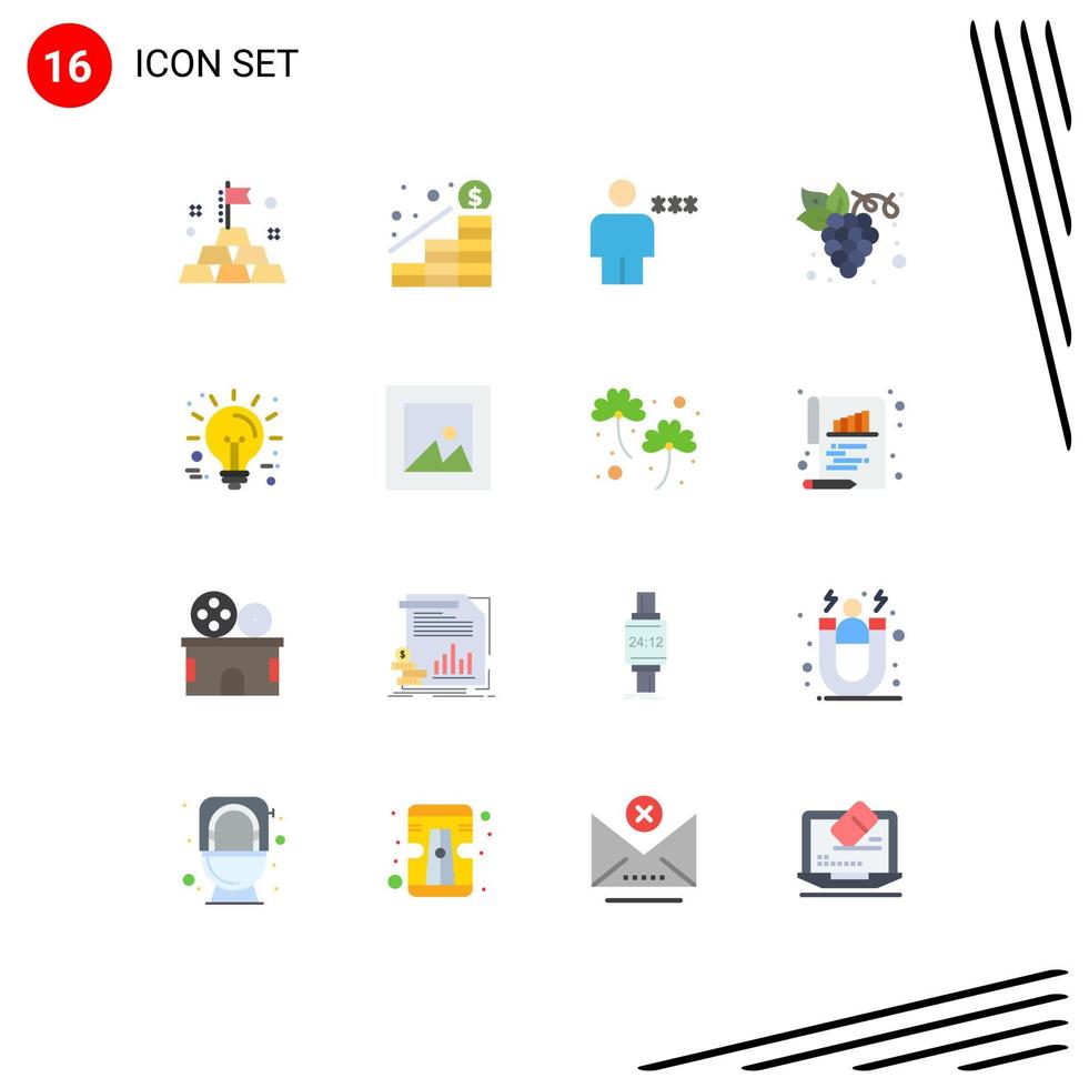 16 User Interface Flat Color Pack of modern Signs and Symbols of idea organic block grape diet Editable Pack of Creative Vector Design Elements