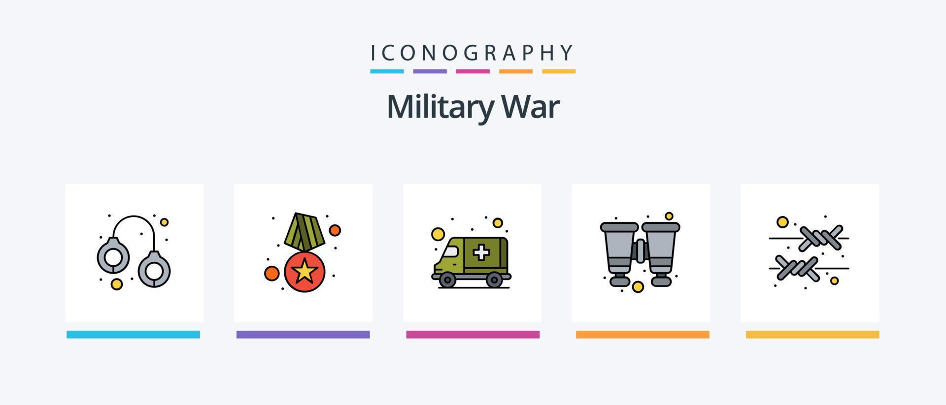 la línea de guerra militar llenó el paquete de 5 iconos, incluida la pistola. transportación. ejército. primeros auxilios. ambulancia. diseño de iconos creativos vector