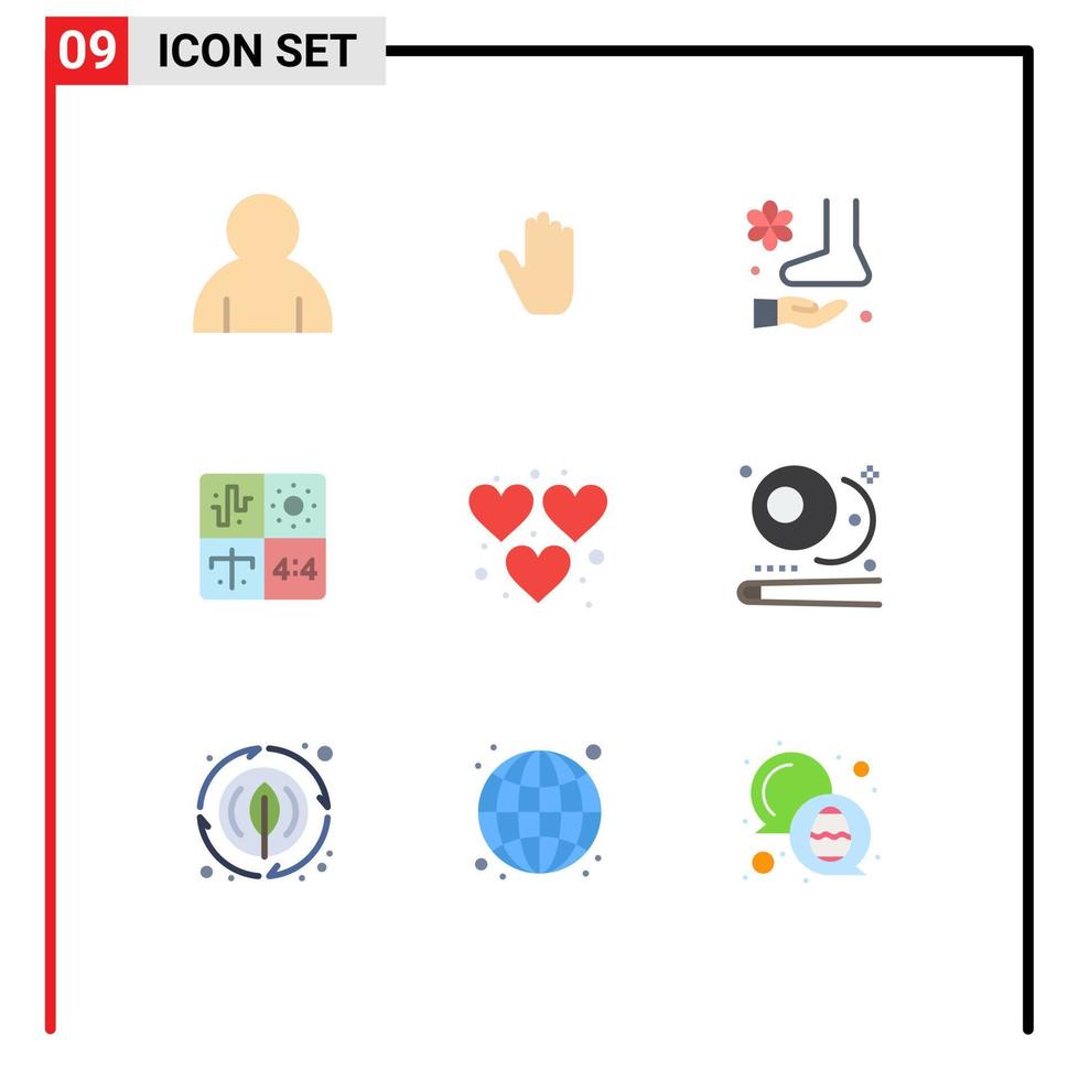 Mobile Interface Flat Color Set of 9 Pictograms of heart engineering massage development audio Editable Vector Design Elements