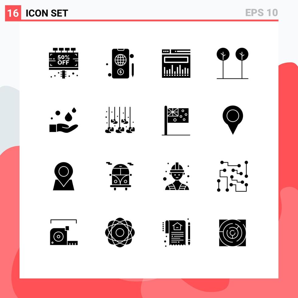 Universal Icon Symbols Group of 16 Modern Solid Glyphs of soap cleaning analytics plant leaves Editable Vector Design Elements