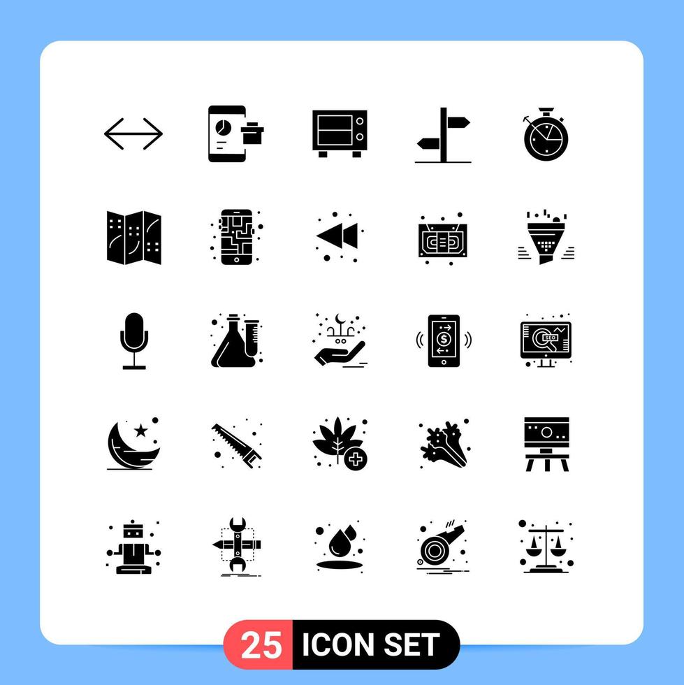 Set of 25 Vector Solid Glyphs on Grid for time sign smartphone board direction Editable Vector Design Elements