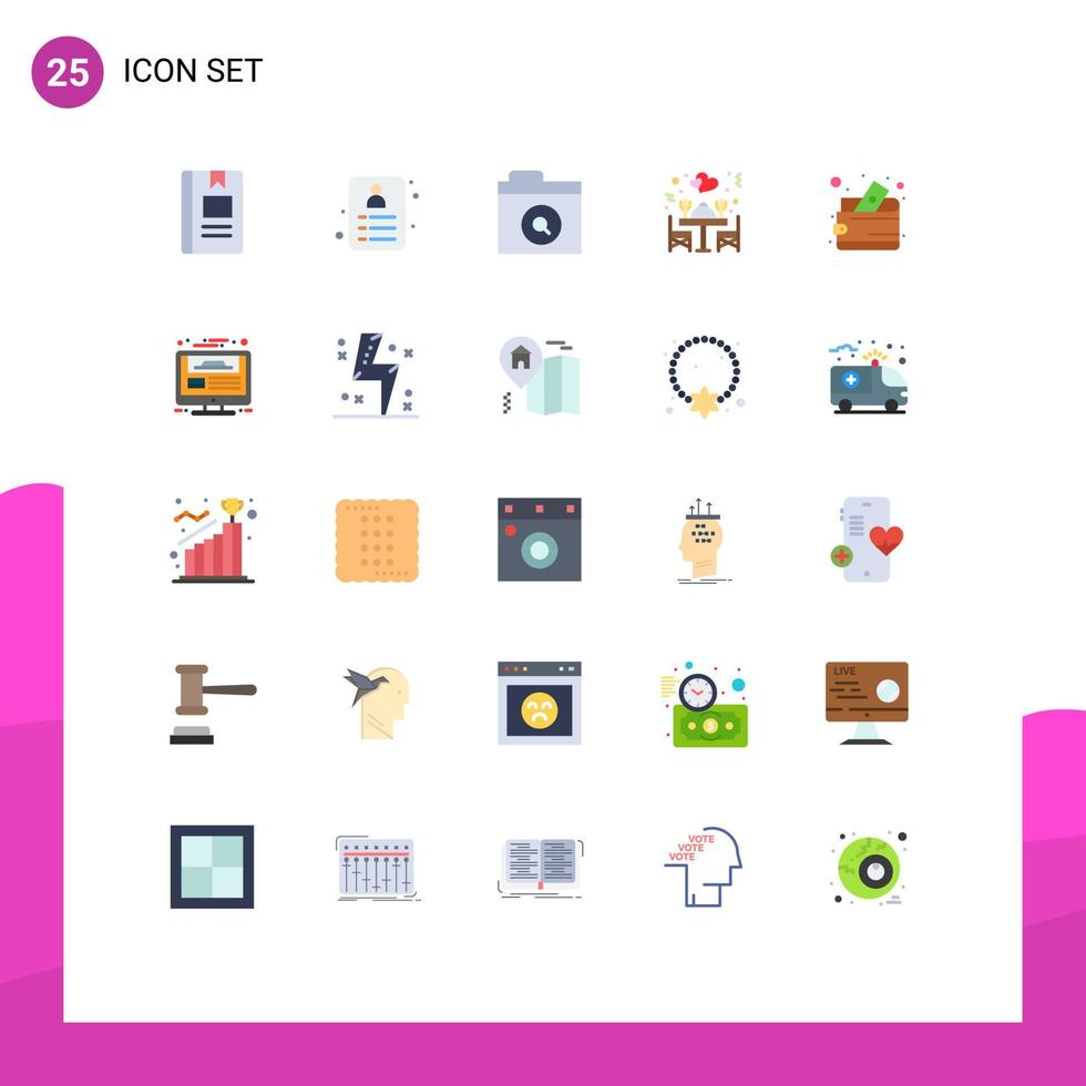 Group of 25 Modern Flat Colors Set for money wallet cash billfold search table love Editable Vector Design Elements