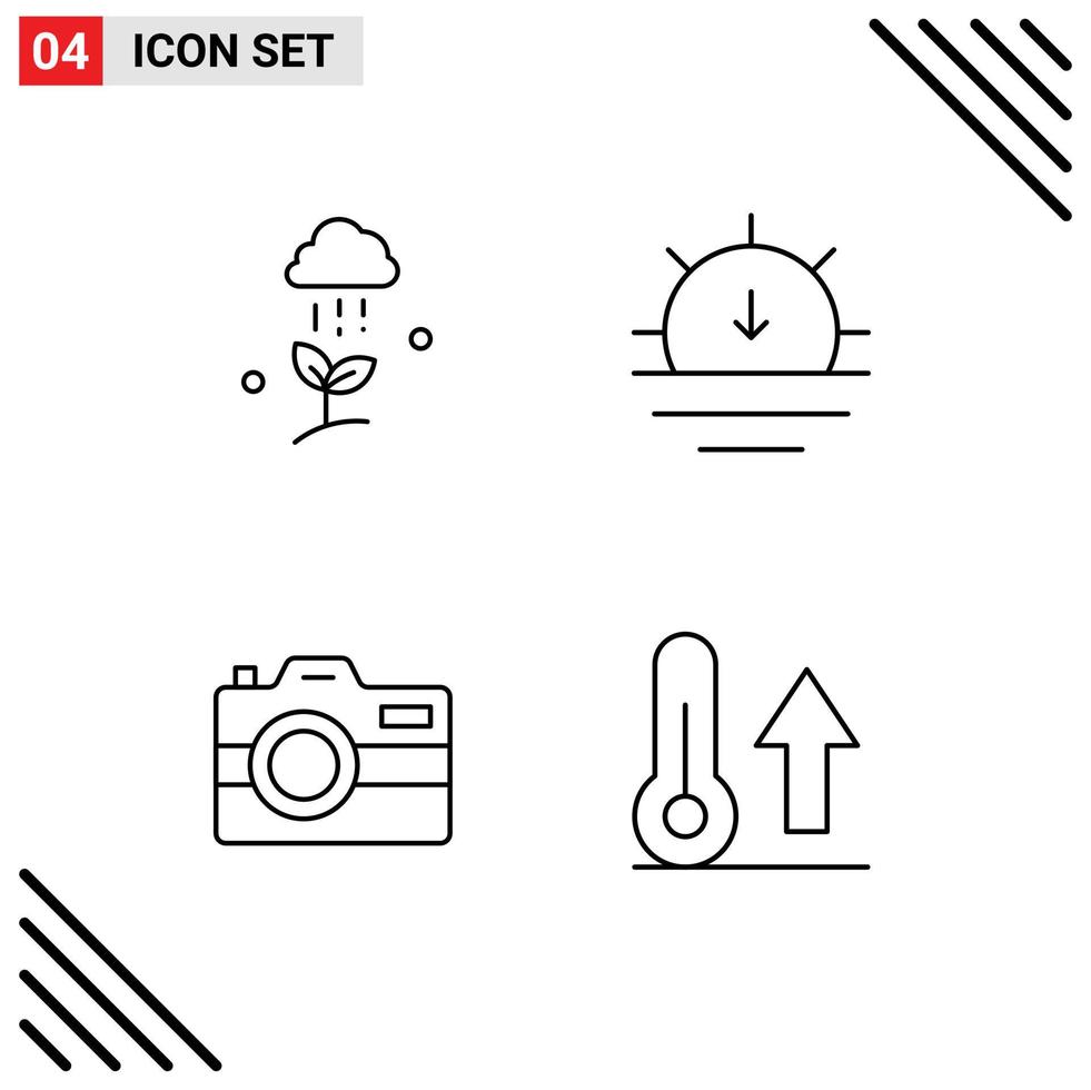 Mobile Interface Line Set of 4 Pictograms of cloud rain camera spring sun photography Editable Vector Design Elements