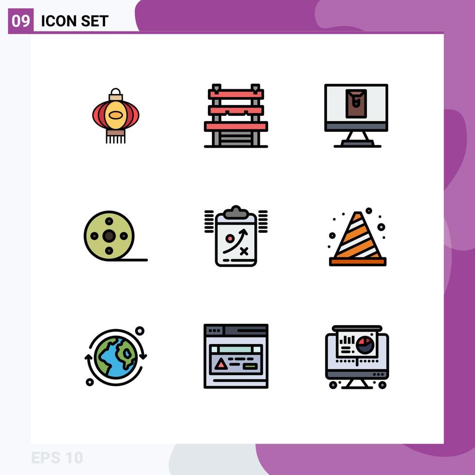 Group of 9 Filledline Flat Colors Signs and Symbols for strategy clipboard email reel film Editable Vector Design Elements