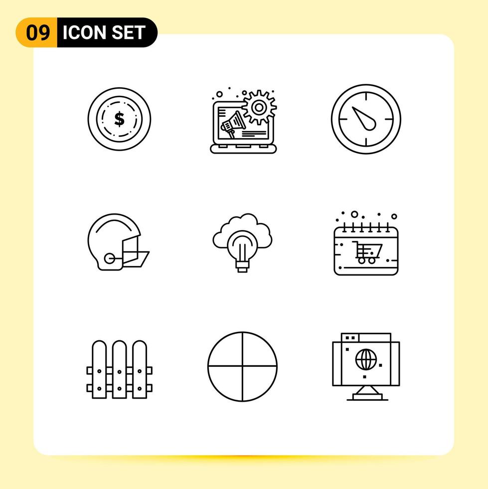 Set of 9 Vector Outlines on Grid for focus light timer idea helmet Editable Vector Design Elements