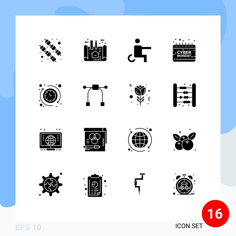 16 Thematic Vector Solid Glyphs and Editable Symbols of clock sign handicapped monday cyber Editable Vector Design Elements