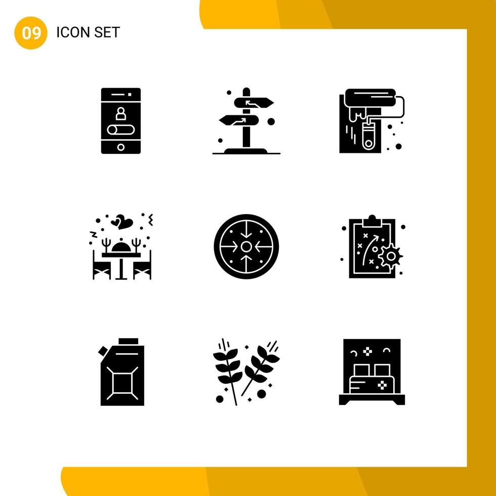 9 User Interface Solid Glyph Pack of modern Signs and Symbols of table love checkmark dinner roller Editable Vector Design Elements