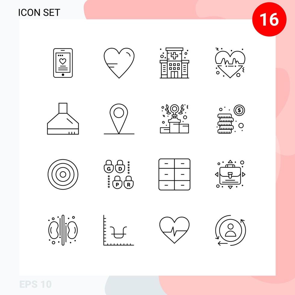 grupo universal de símbolos de iconos de 16 contornos modernos de la línea de cuidado de la salud fan love beat elementos de diseño vectorial editables vector