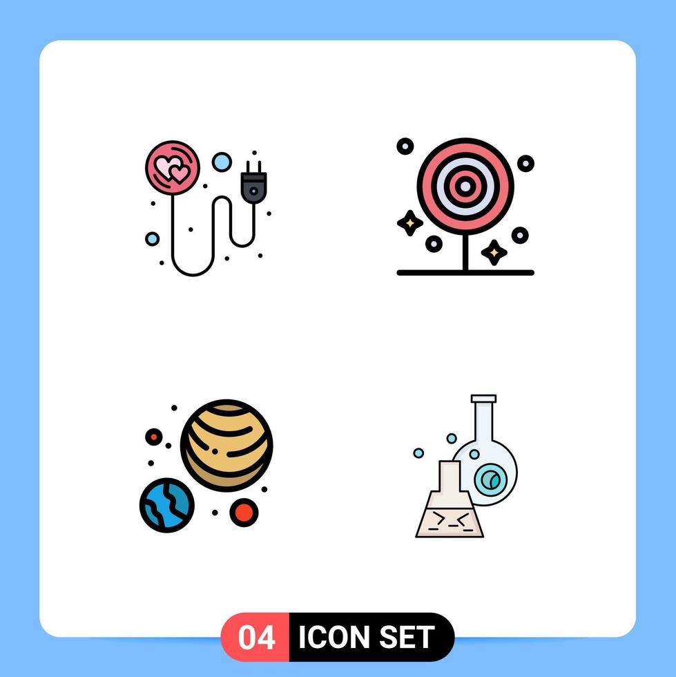 Group of 4 Modern Filledline Flat Colors Set for heart planets astronomy romance drink planets Editable Vector Design Elements