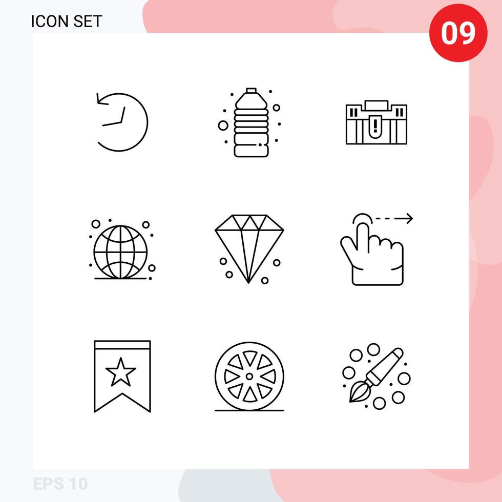 9 Universal Outlines Set for Web and Mobile Applications live globe business global suitcase Editable Vector Design Elements