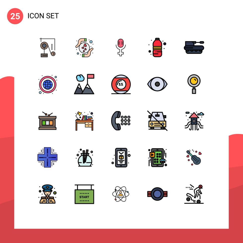 Universal Icon Symbols Group of 25 Modern Filled line Flat Colors of panzer howitzer microphone cannon water bottle Editable Vector Design Elements