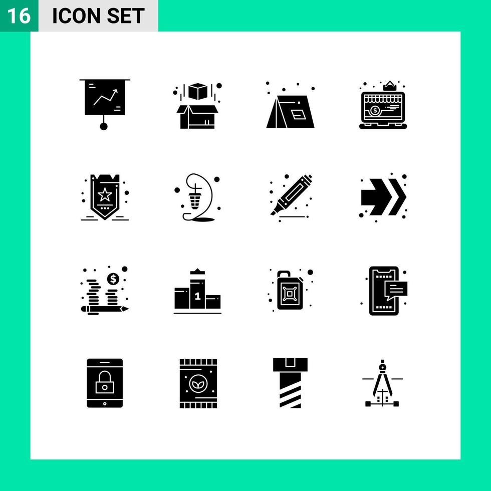 Mobile Interface Solid Glyph Set of 16 Pictograms of marketing shop camp online travel Editable Vector Design Elements