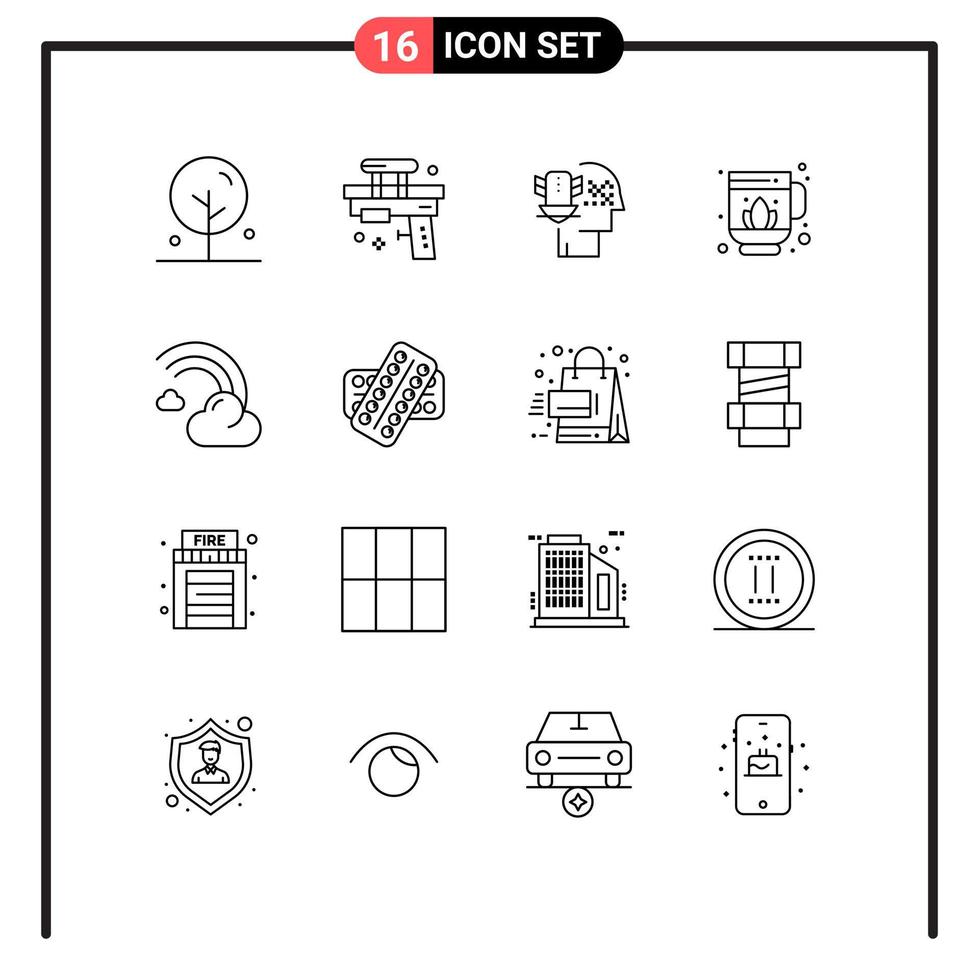 Group of 16 Outlines Signs and Symbols for filled lotus water sauna security Editable Vector Design Elements