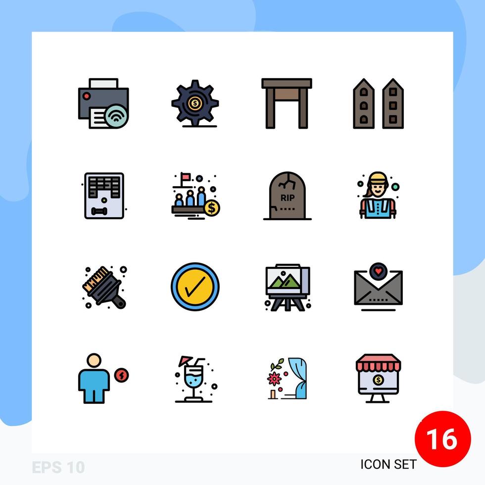 Modern Set of 16 Flat Color Filled Lines Pictograph of store shop front setting house stool Editable Creative Vector Design Elements
