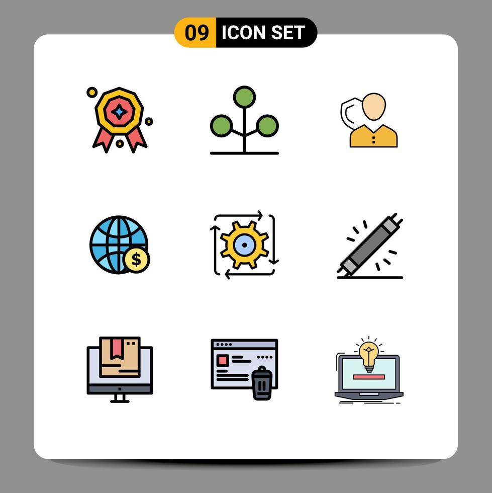 Filledline Flat Color Pack of 9 Universal Symbols of money globe employee world protection Editable Vector Design Elements